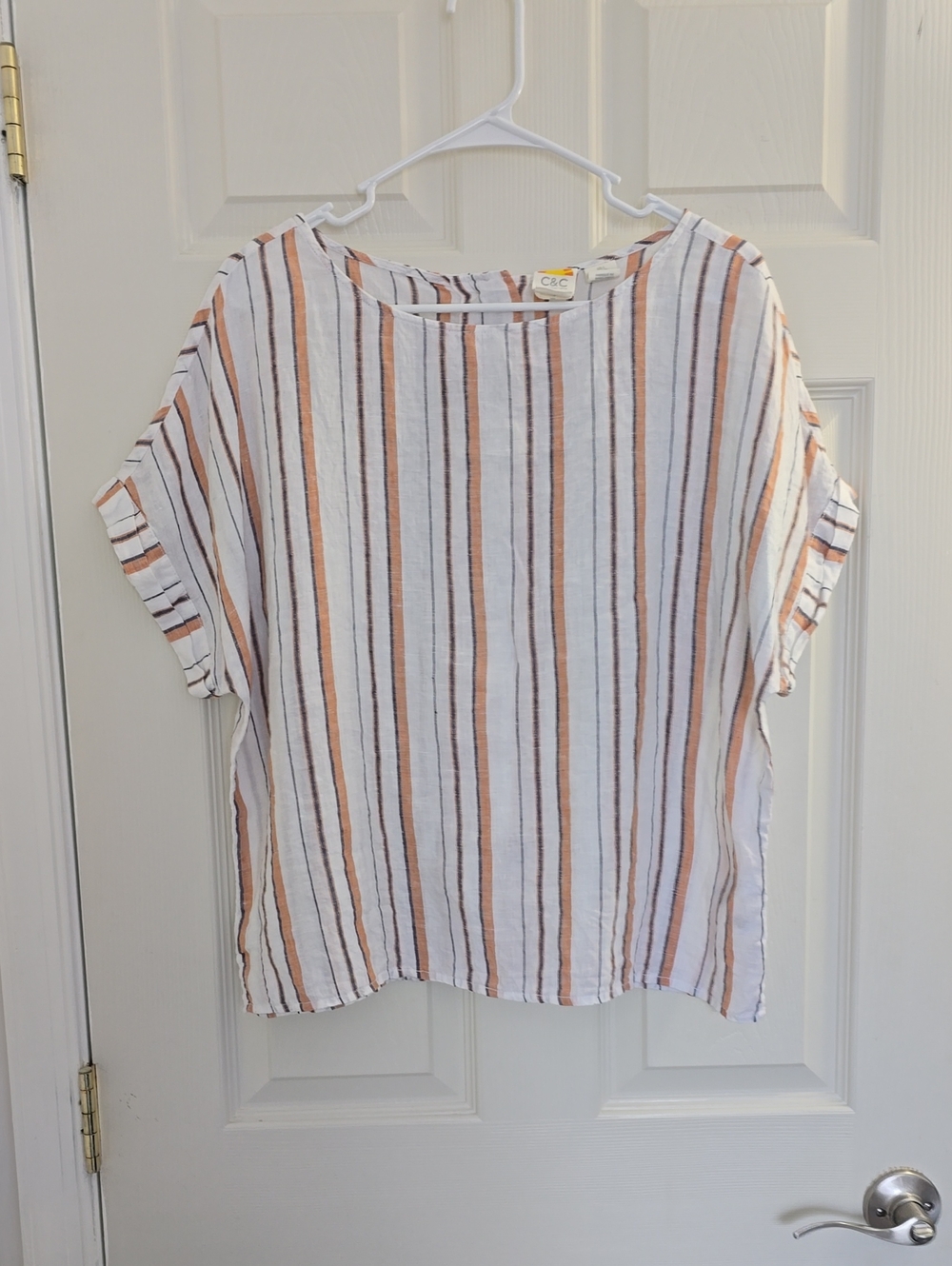 C&C California White Striped Short Sleeve Linen Top